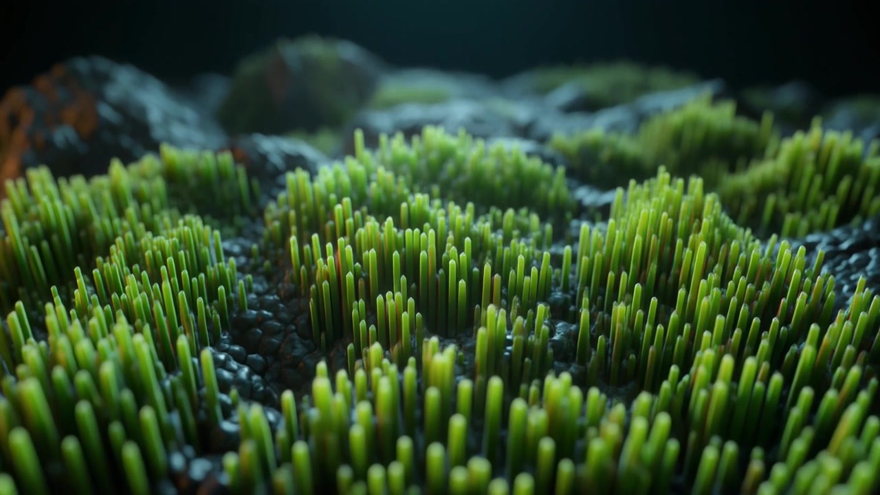 Abstract 3D Animation of Green Organic Spikes Growing on Dark Textured Surface