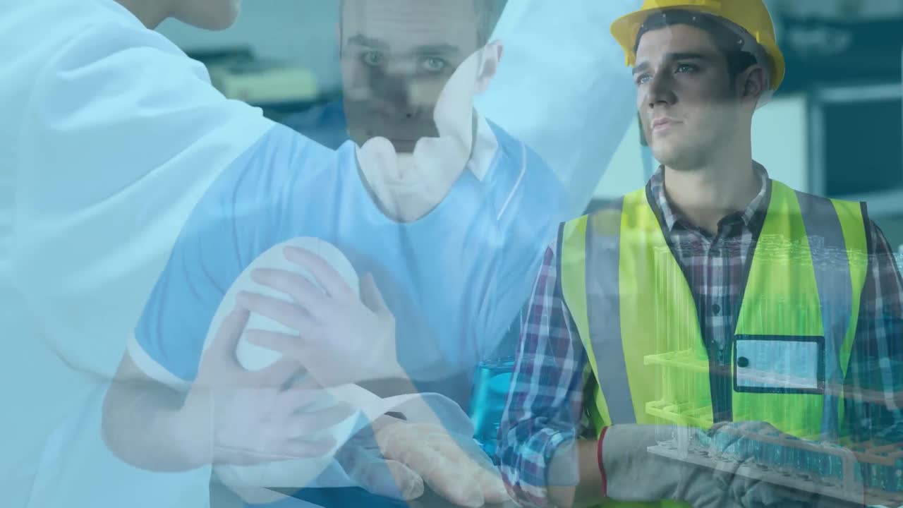 анимация кавказского регбиста и рабочего над кавказским ученым с пипеткой