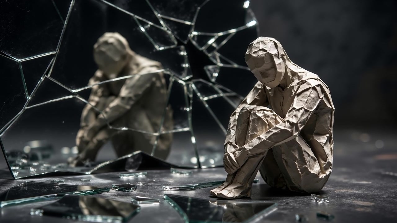 Scultura astratta di carta di una persona seduta in posizione rannicchiata, circondata da frammenti di vetro frantumato.