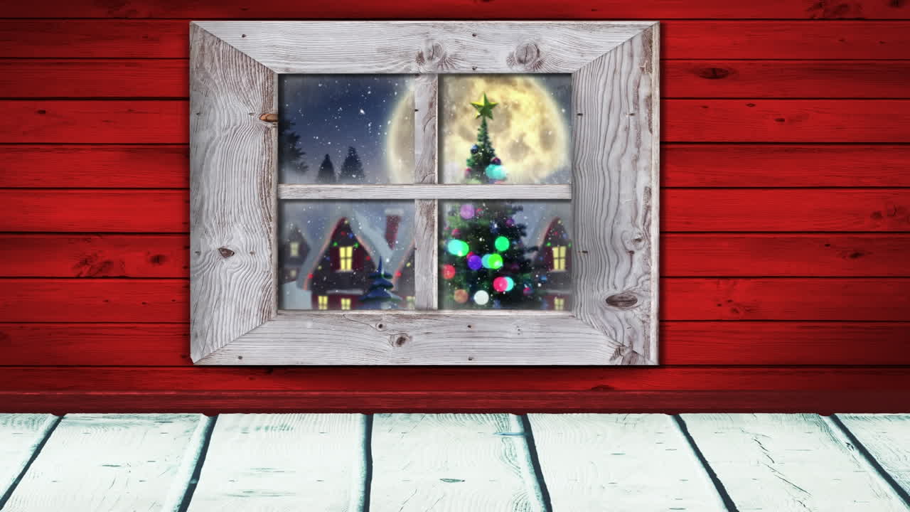 animación digital del marco de la ventana de madera contra la nieve que cae sobre la silueta negra de santa claus