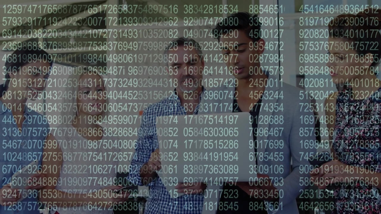Animation of data processing over diverse business people in office