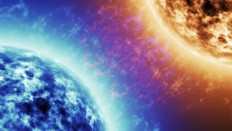 blue star vs red star. red sun surface with solar flares against blue sun isolated on black. highly realistic sun surface with space for your text or logo 4k.