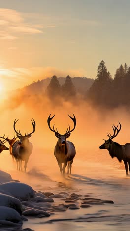majestic elk crossing frosty river at sunrise in winter landscape
