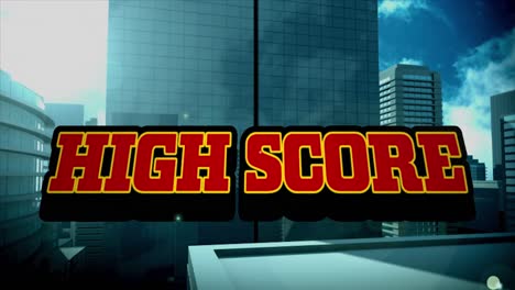Animation-of-red-text-high-score,-over-explosion-and-cityscape