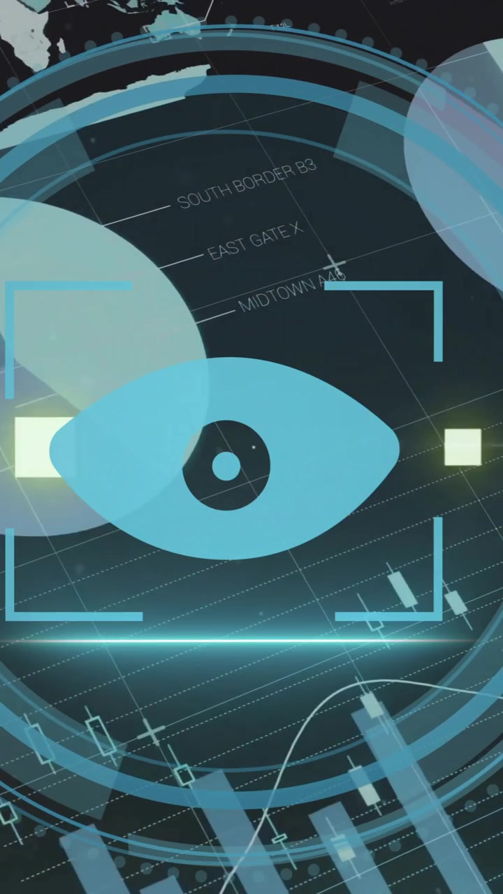 Animation of cyber security text and data processing over dark background