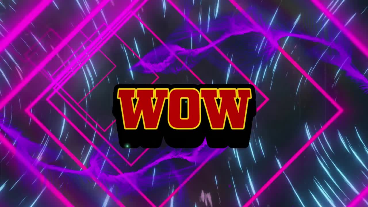 동심 사각형과 디지털 파도에 대한 레트로 음성 거품 위에 와우 텍스트 배너의 애니메이션