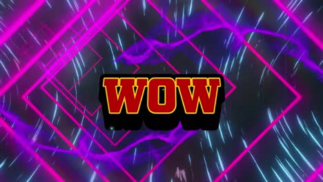 Animation-of-wow-text-banner-over-retro-speech-bubble-against-concentric-squares-and-digital-waves