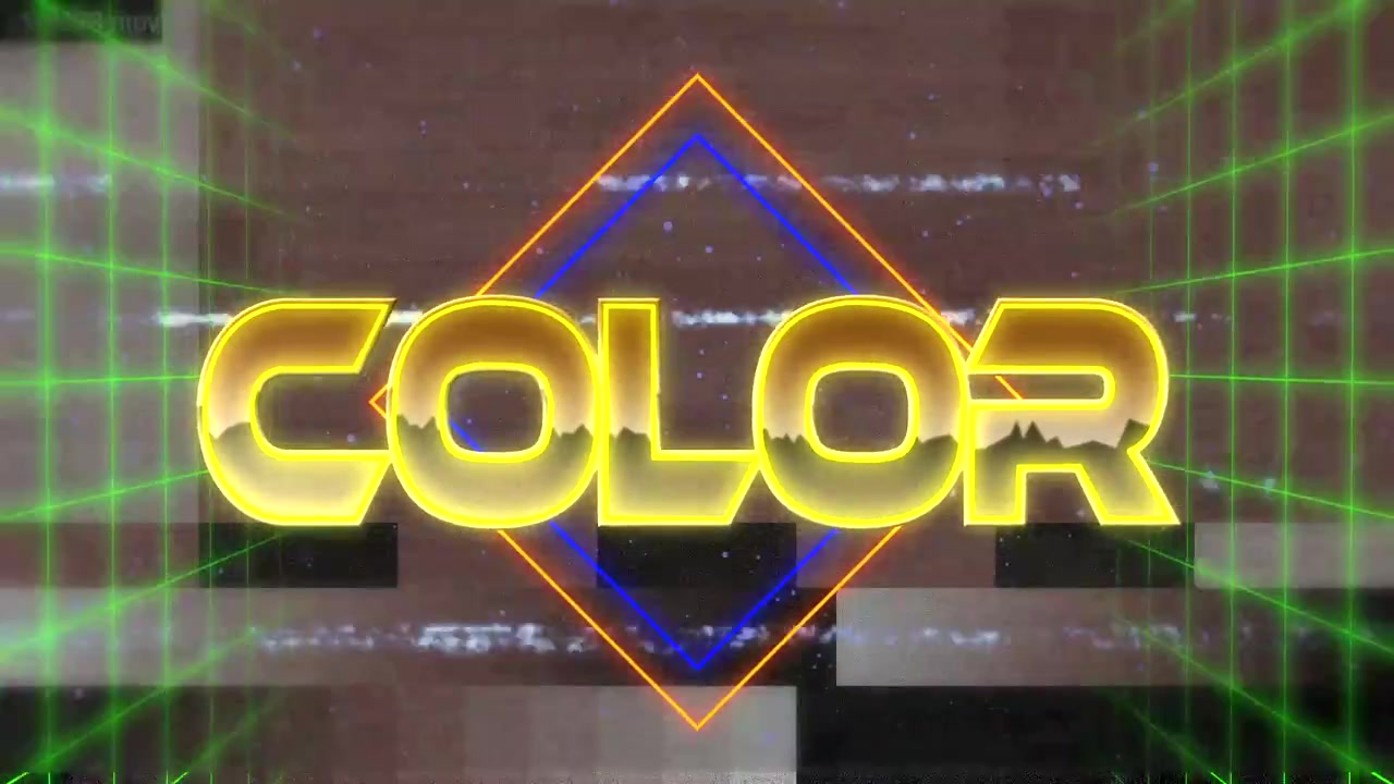 Assemblaggio di lettere al neon che compongono la parola COLOR in una griglia verde, con barre glitch e diamanti arancioni e blu
