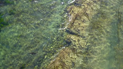 4K-Aerial-shot-of-crystal-clear-water-in-Malibu,-California-of-the-Pacific-Ocean-on-a-warm,-clear-day