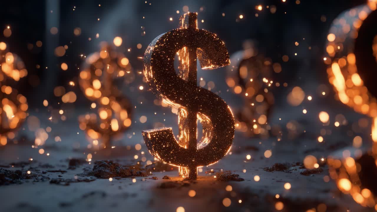 Glowing golden US dollar symbol standing on a dark, textured surface with floating embers and bokeh lights, representing financial growth, wealth, success, and economic prosperity in the market