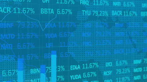 animation of multiple graphs, trading board over map against abstract background