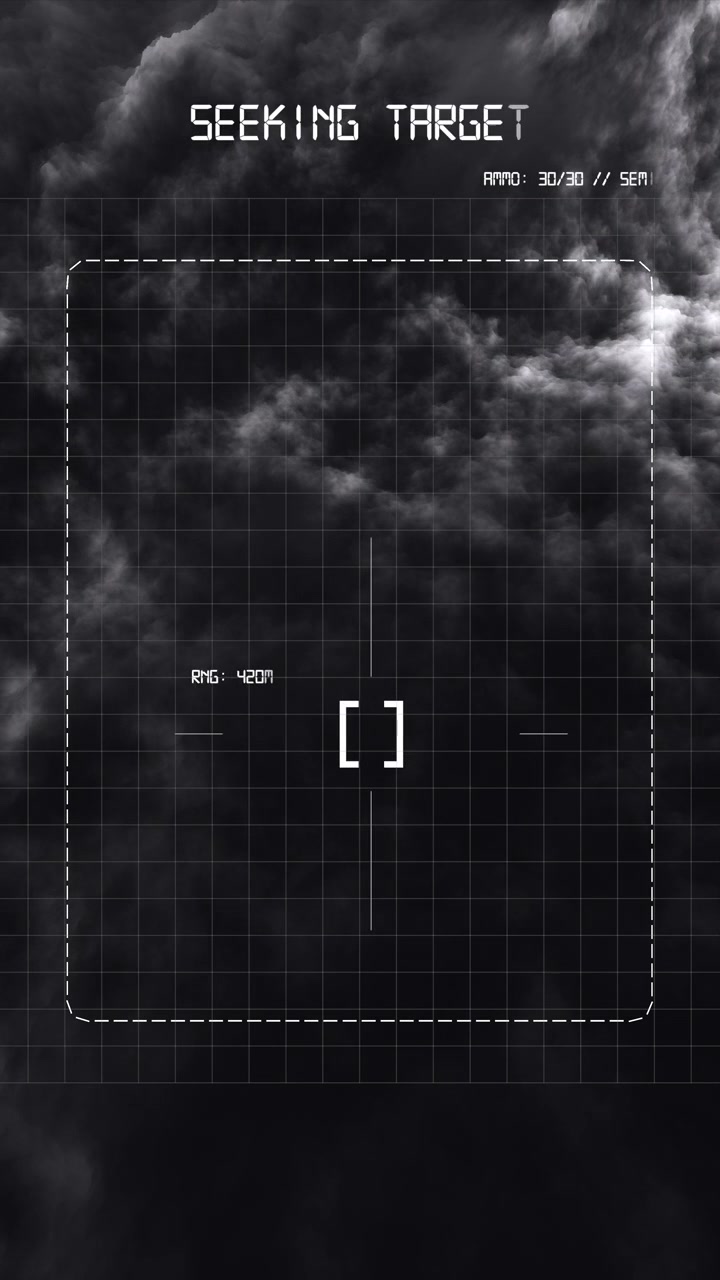 Vertical sci-fi head-up display scanning atmospheric anomalies and seeking targets over dark, heavy clouds. Ideal for defense technology, aerospace, and tactical film UI overlays.