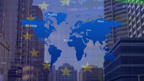 animation of financial data processing with world map and flag of eu over cityscape