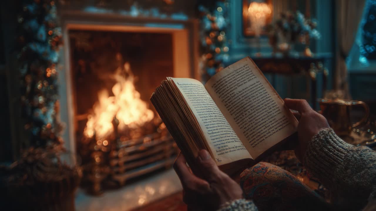 Cozy Winter Reading: A Captivating Scene of Comfort by the Fireplace, Where a Book Opens Up New Worlds Amidst the Warmth and Glow of the Flames