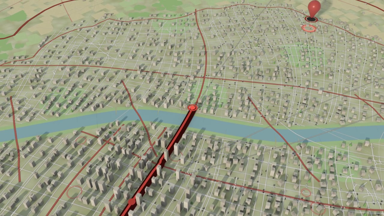 Activating blue origin marker sending red waypoint moving north on red route toward pin near river