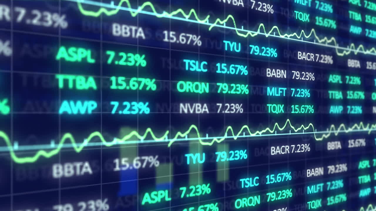 Animazione dell'elaborazione di dati finanziari su sfondo scuro
