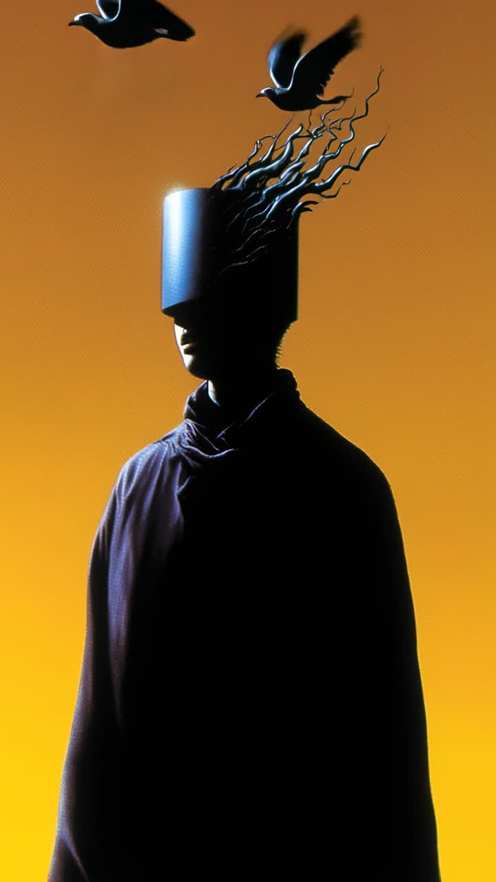 Surreal video concept with a low-angle shot of a figure wearing a bird-themed headpiece