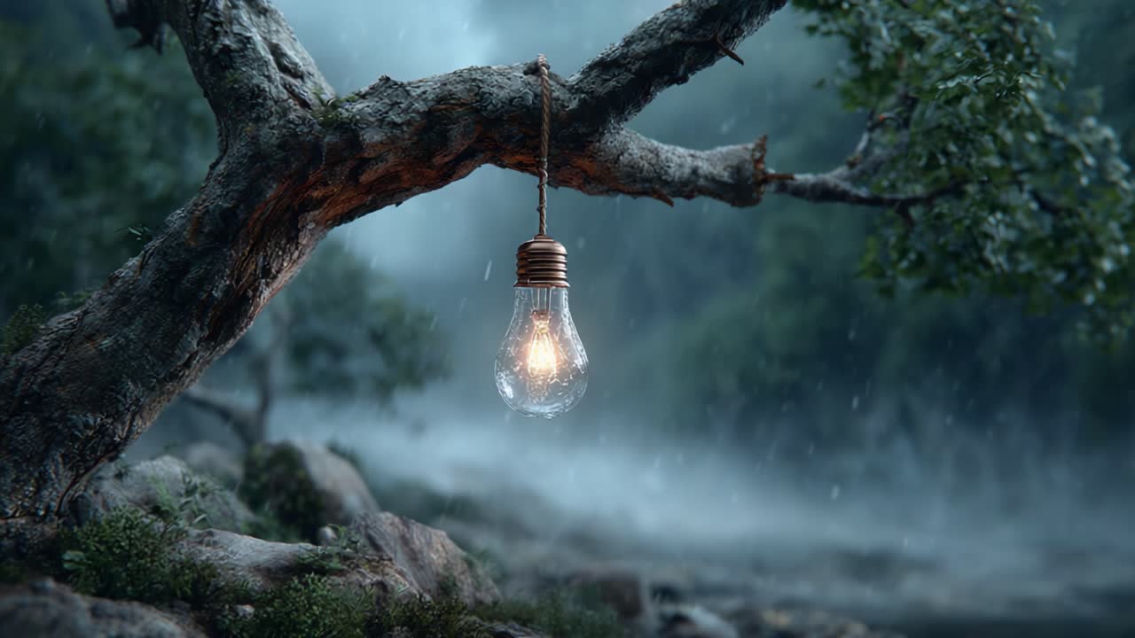 A Glowing Light Bulb Hanging from a Tree Branch in a Misty Forest, Capturing the Enchantment of Nature at Dusk with Soft Lighting and a Dreamlike Atmosphere