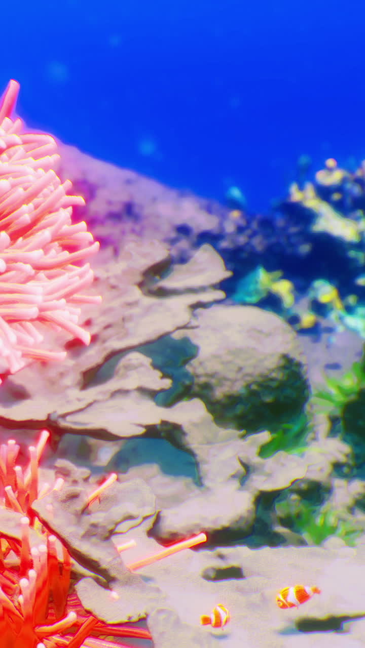 Colorata barriera corallina brulicante di vita che mostra pesci pagliaccio a mezzogiorno.