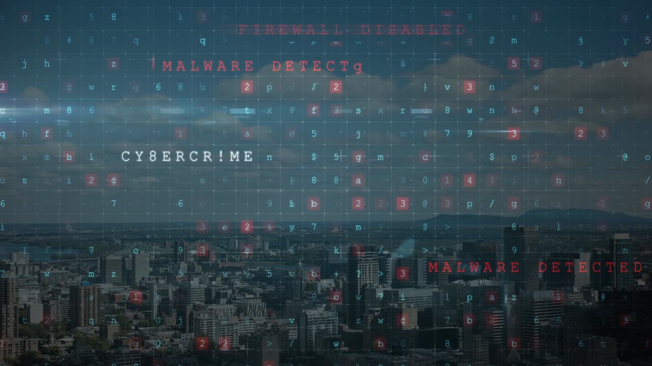 Animation of cyber crime text over cityscape