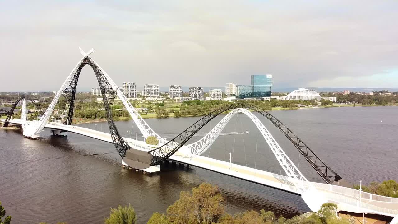 Matagarup Bridge over the Swan River, Perth Australia - Slow aerial reverse