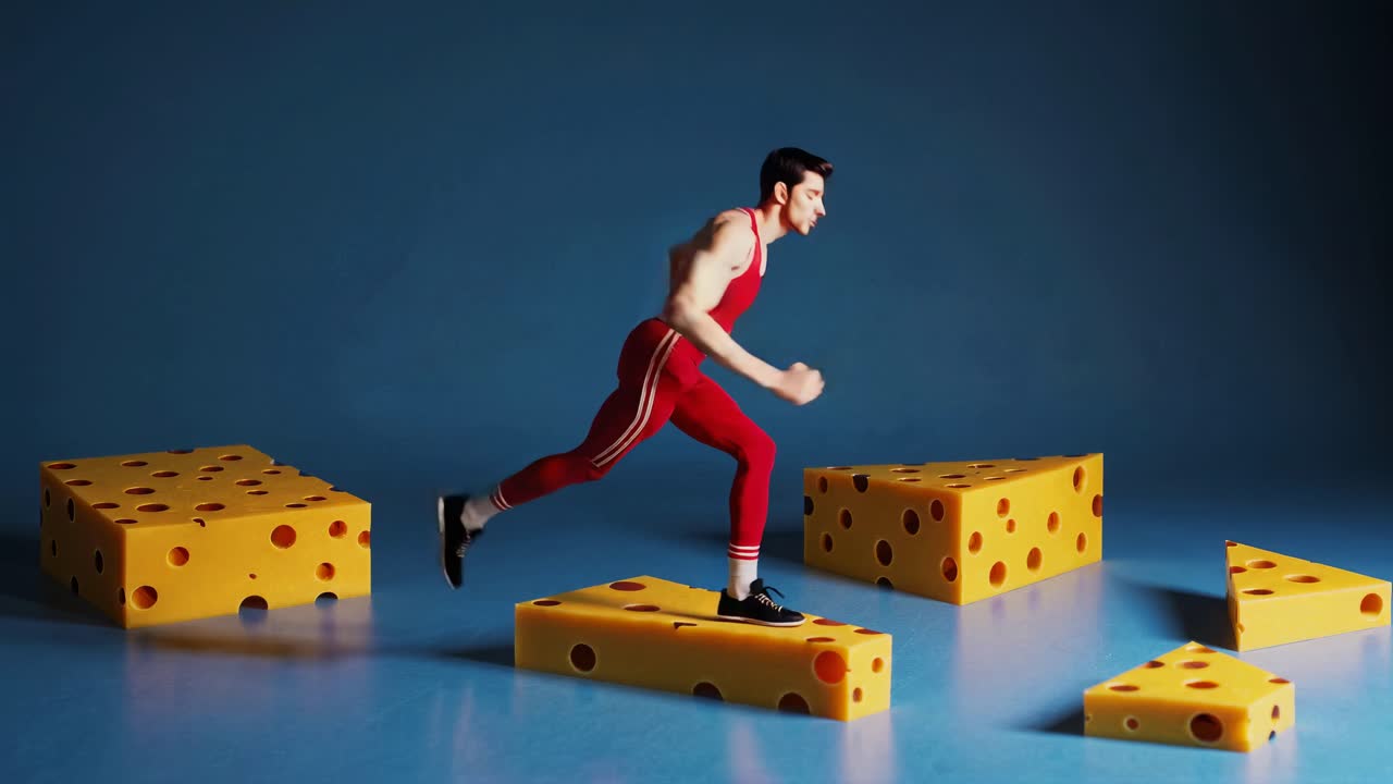 hombre corriendo en rebanadas de queso