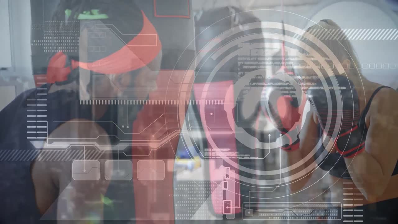 animación del procesamiento de datos sobre una boxeadora caucásica con un entrenador afroamericano en el gimnasio