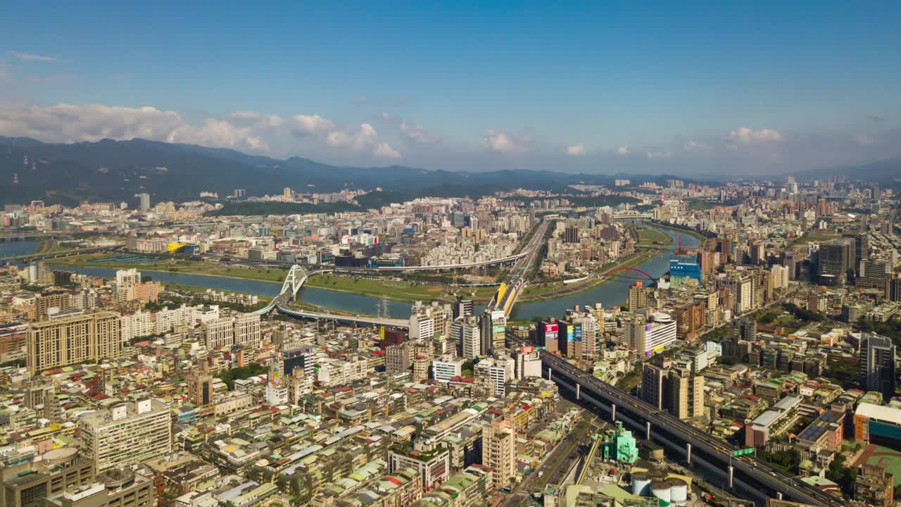 타이베이 시내 풍경, 강 다리, 공중 파노라마, 4k 타임스