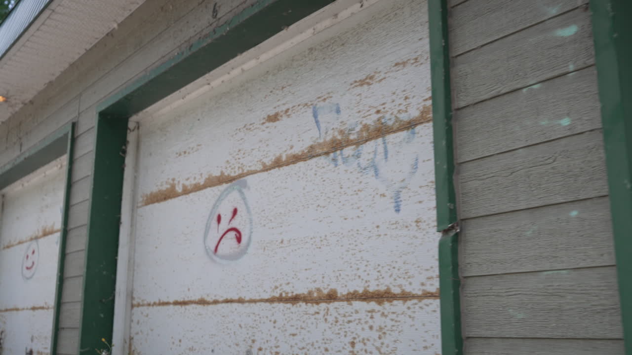 차고 벽에 낙서 작업을 표시하기 위해 앞으로 움직이는 카메라