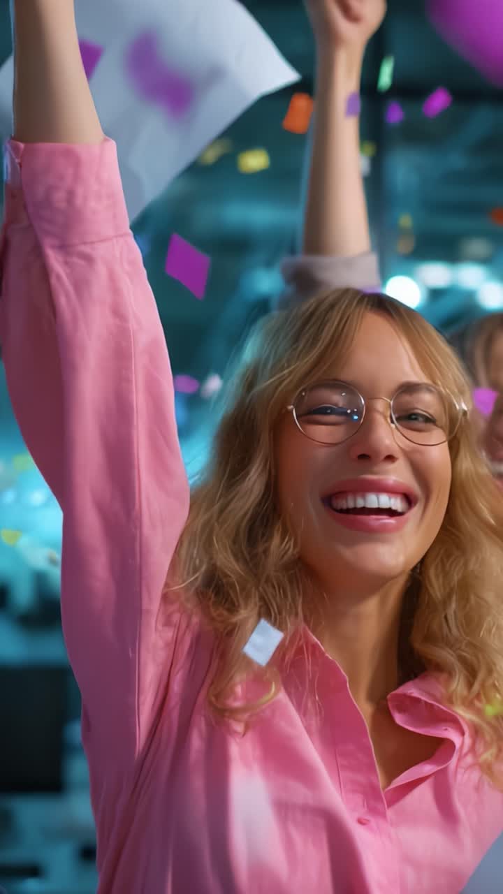 Festosa celebrazione: una giovane donna in camicia rosa irradia felicità circondata da coloratissimi coriandoli, vivendo un momento di pura gioia e divertimento