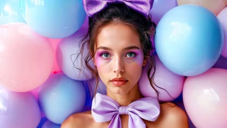 a woman with a bow tie surrounded by balloons