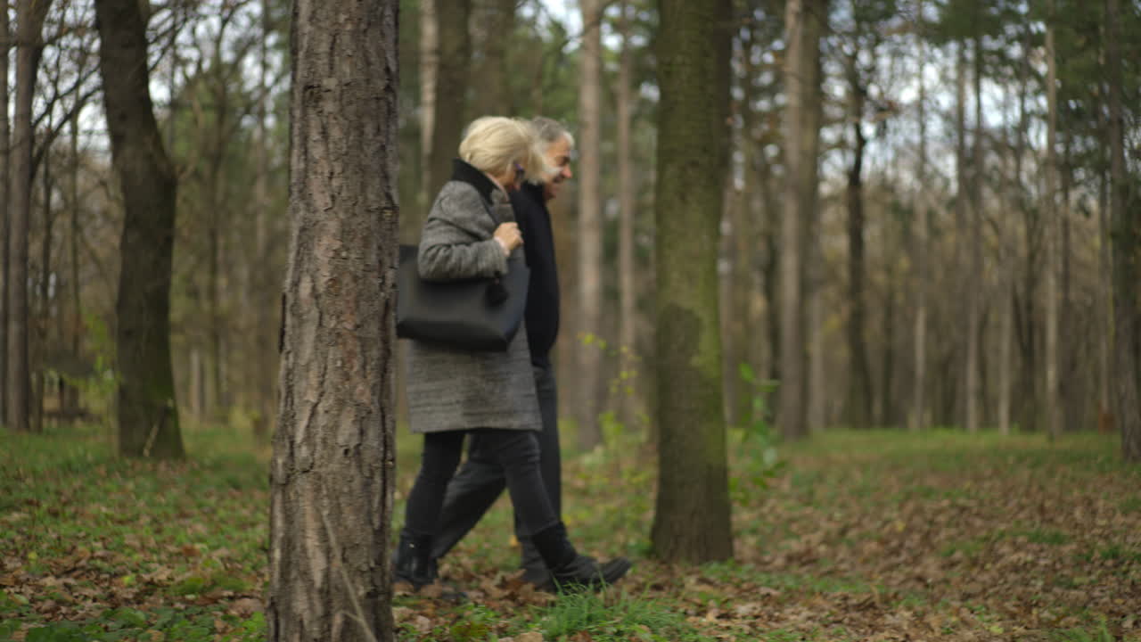 노인 부부 가 공원 에서 산책 하고 있다