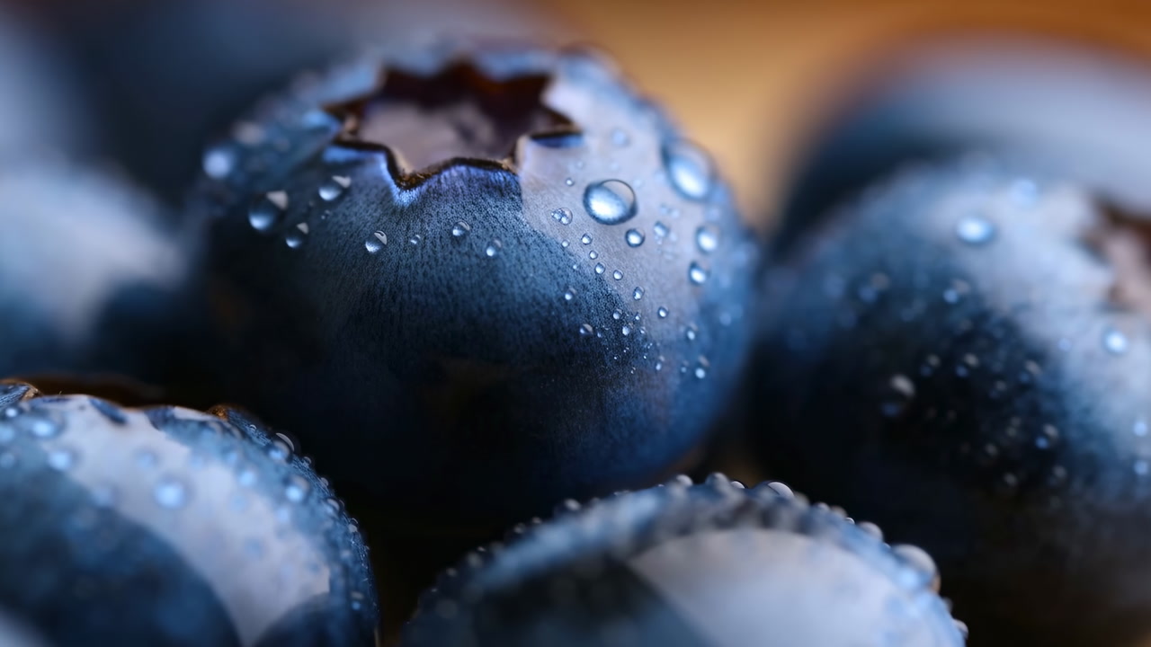 Closeup Blueberries Cluster With Water Droplets, Warm Wooden Background And Juicy Texture, Breakfast Bowl