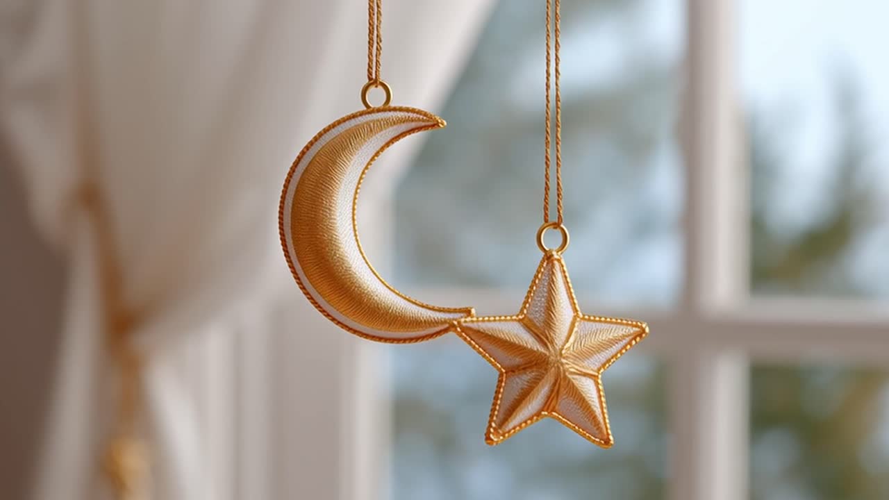 Luna crescente e stella dorate decorative appese alla finestra