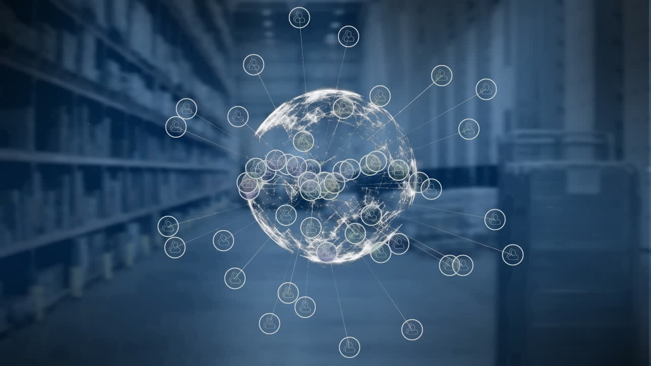 전 세계에 걸쳐 여러 개의 디지털 아이콘이 배경에 창고에 대해 회전하고 있습니다.