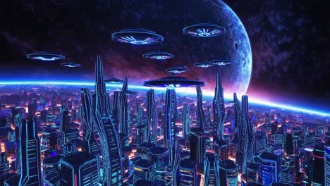 futuristic space city with ufos