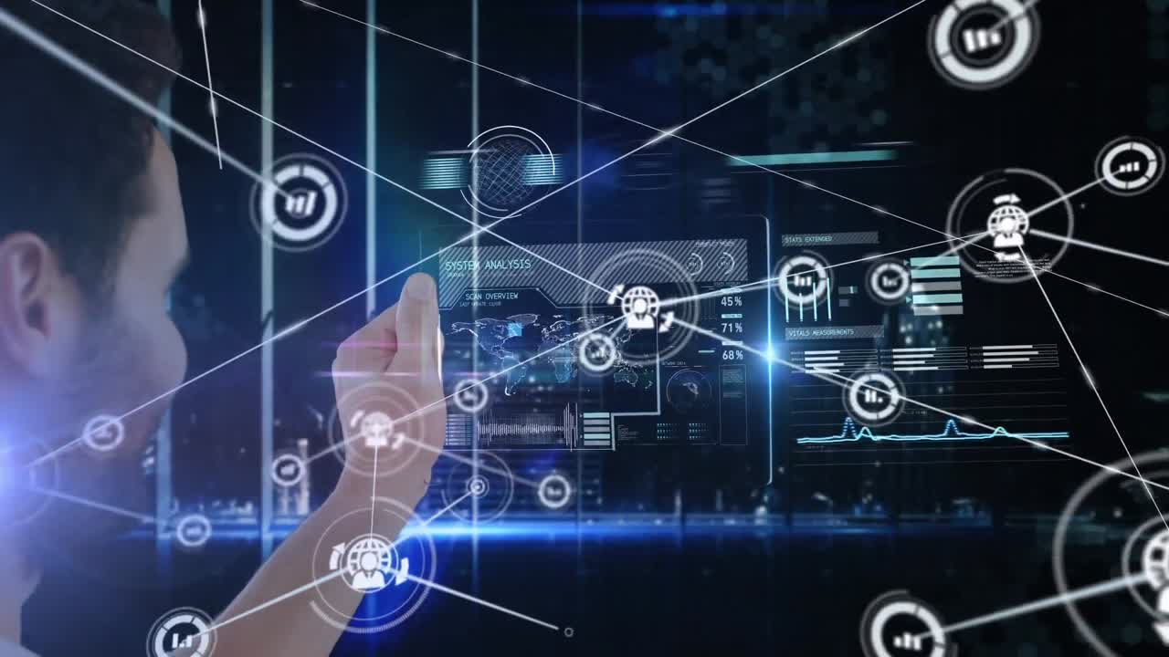 video compuesto digital de la red de conexiones sobre el hombre usando una tableta futurista contra el fondo azul