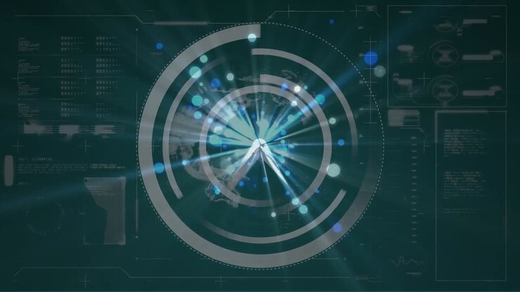 Animation of ticking clock and blue spots over spinning globe and interface with data processing