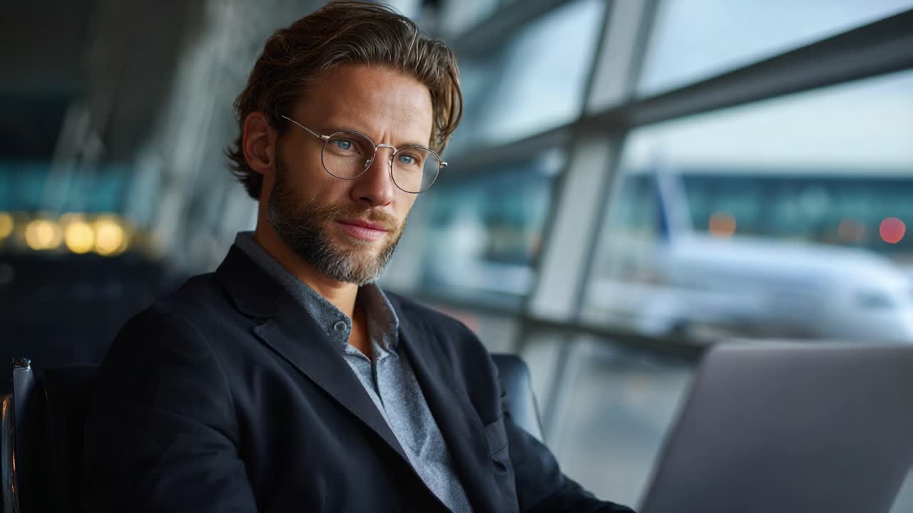 Focused Professional Working in an Airport Lounge, Engaged with a Laptop While Surrounded by Terminal Ambience and Air Travel Dynamics