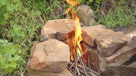 un pequeño fuego de campamento salvaje durante el día para cocinar al aire libre
