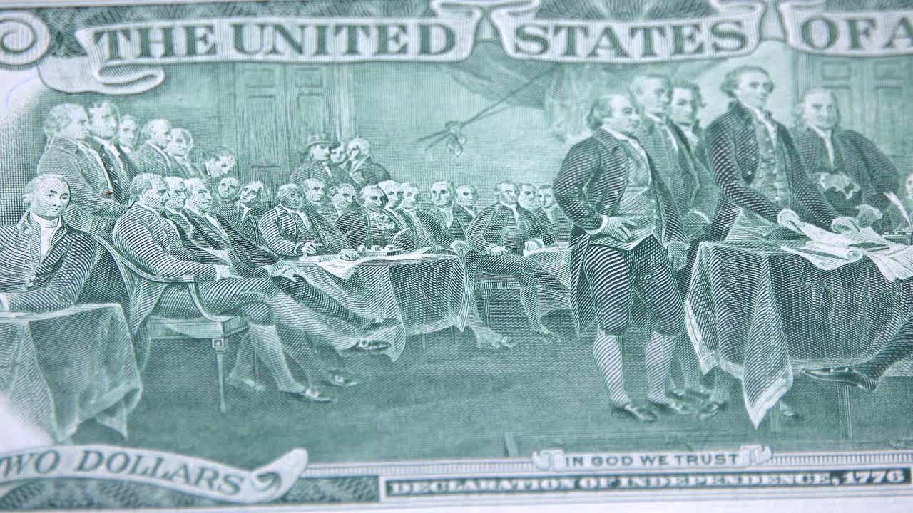 미국 2달러 지폐의 뒷면의 클로즈업