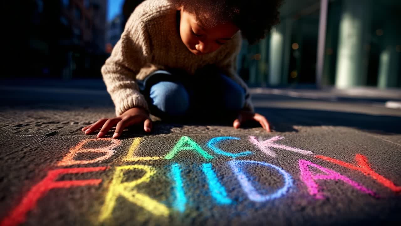 A young child enthusiastically writes 'Black Friday' in colorful chalk on the pavement, capturing the spirit of the shopping holiday with creativity and joy, reflecting a playful approach to consumer culture