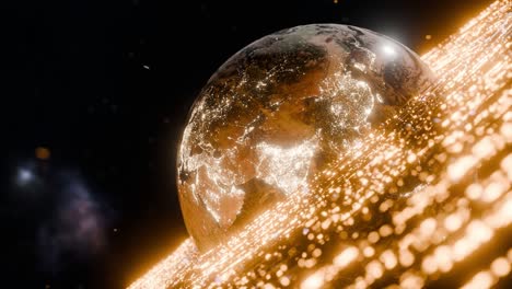 earth showing illuminated regions of south asia, east asia, with yellow digital particles in outer space. india, china. 3d rendering with night lights and energy wave. technology global connection