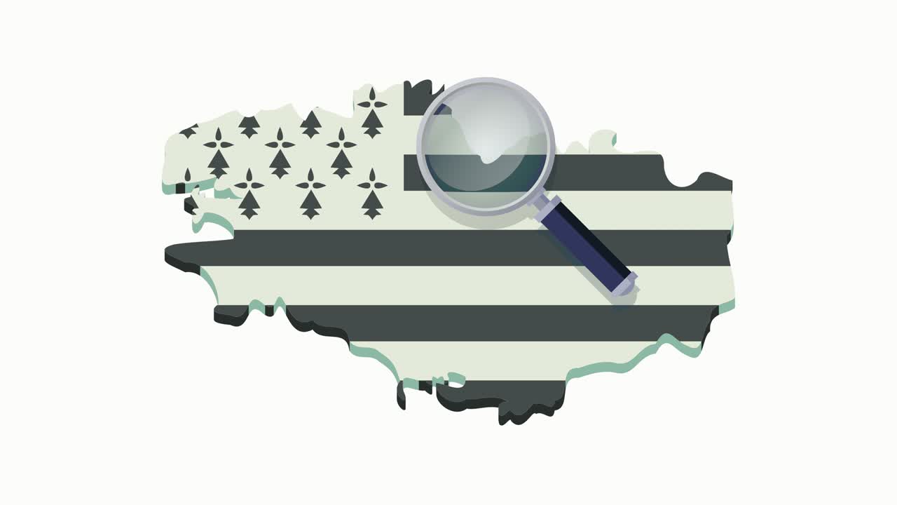 백색 배경에 발이 있는 브리타니의 지도에서 확대 유리로 루프 검색 (평평한 디자인)