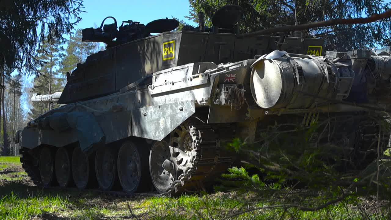 Rare close up low angle footage of a British military army Challenger 2 4034 tank hidden and aiming between pine forest trees and bushes during a sunny day in the Baltics during a training exercise.
