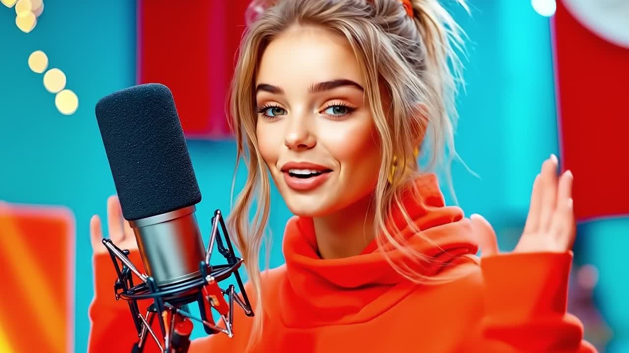 A woman in a red hoodie holding a microphone