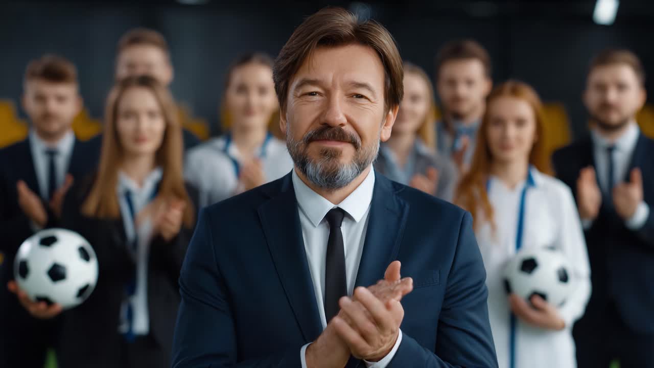 A Coach Celebrates Victory with Team after a Successful Match, Embodying Team Spirit and Leadership While Clutching a Soccer Ball Amidst Applauding Supporters