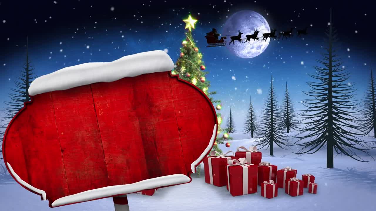 겨울 풍경 에서 복사 공간 을 가진 빈 나무 표지판 의 애니메이션