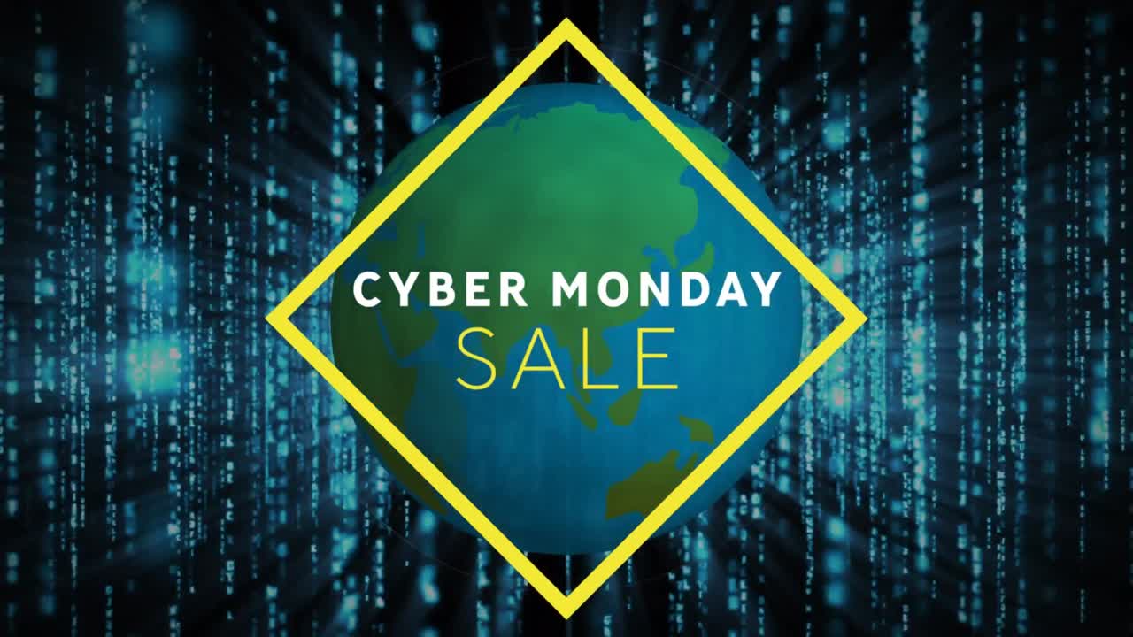 Cyber monday text banner against spinning globe and blue light trails on black background