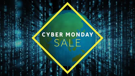 Cyber-monday-text-banner-against-spinning-globe-and-blue-light-trails-on-black-background